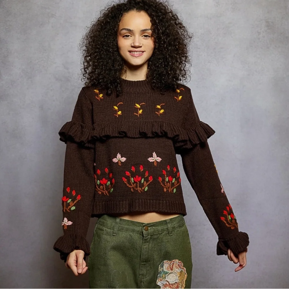 NWT POL Brown Floral Ruffle Sweater